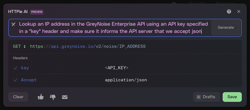 HTTPie web app pane with "* Lookup an IP address in the GreyNoise Enterprise API using an API key specified in a "key" header and make sure it informs the API server that we accept json" as the prompt