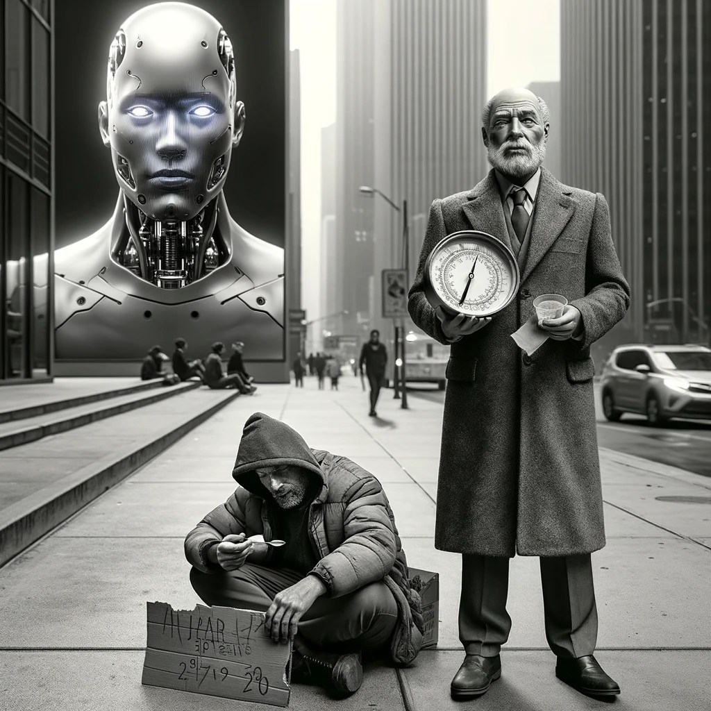 A greyscale photo depicting an out-of-work weather forecaster, dressed in a disheveled suit, holding a barometer in one hand and a cardboard sign in the other, begging on a city sidewalk. In the background, an imposing, futuristic AI overlord figure, depicted as a large, holographic head, is watching over them with an expression of authority. The setting is an urban street with tall buildings, and the mood is somber and dystopian.